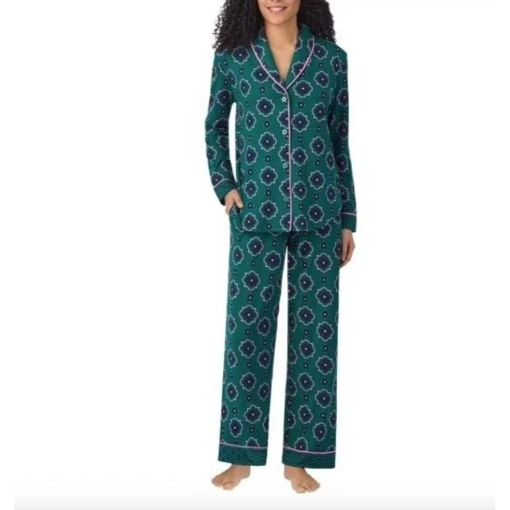 Room Service Womens Shawl Collar Pajama Set Women's S Green Pink Floral NWT  D4